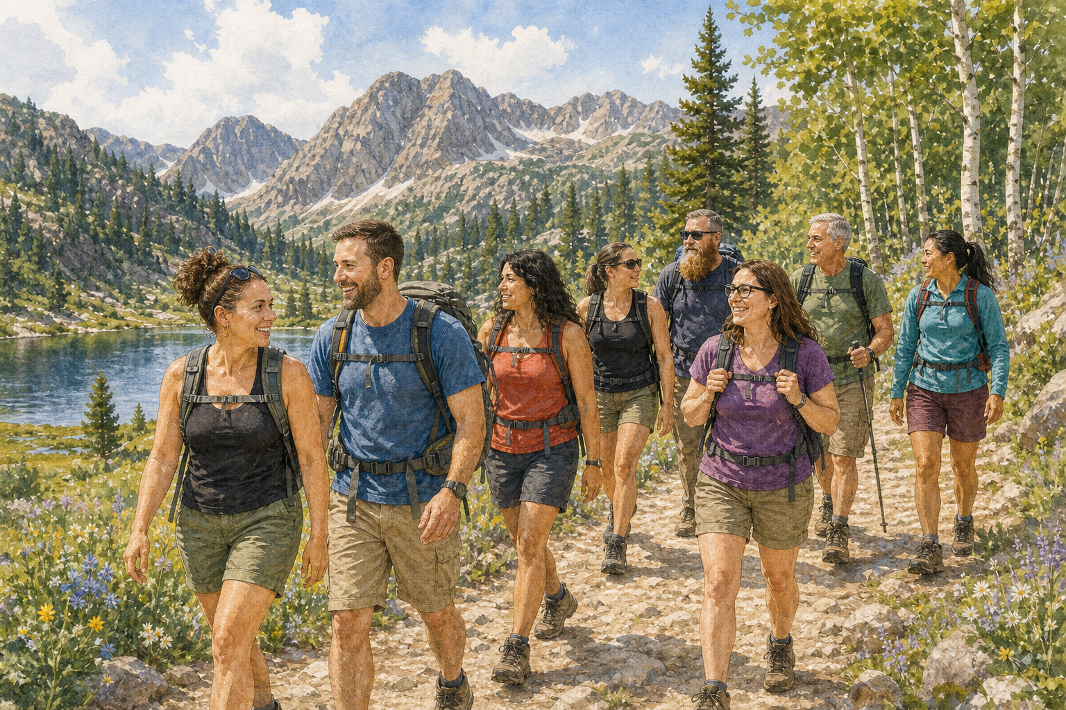 A group of hikers talking along a lakeside trail below mountain peaks.