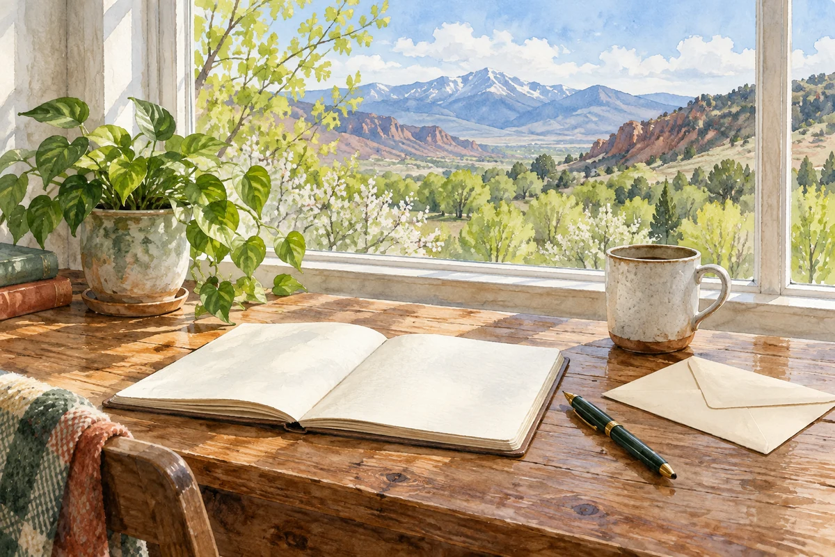 A notebook, pen, and envelope beside a window overlooking mountains.